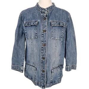 Crazy Horse Liz Claiborne Band Collar Denim Blue Jean Jacket Sz L